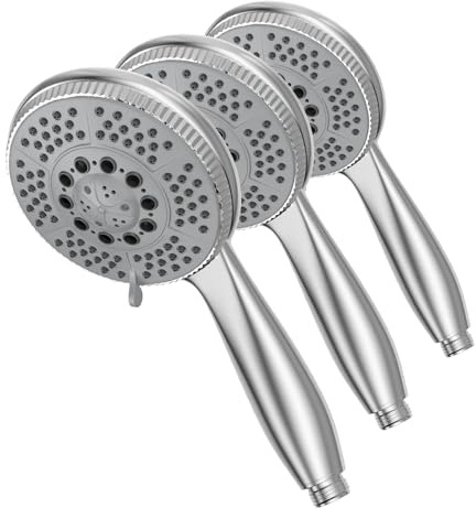 Vinabo Alcachofa de ducha, 5 chorros, universal, ajustable, funciones de cabeza de ducha de mano de alta presión, ABS cromado, alcachofa con boquilla de silicona y mango ergonómico, Plata
