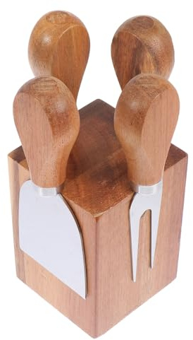 NOLITOY Support à Fromage en Bois Naturel, Porte-couteaux 4 Ustensiles, Organisateur Cuisine Compact Kaki, Accessoire Pratique pour Découpe et Rangement, Cuisine et Dégustation Fromage