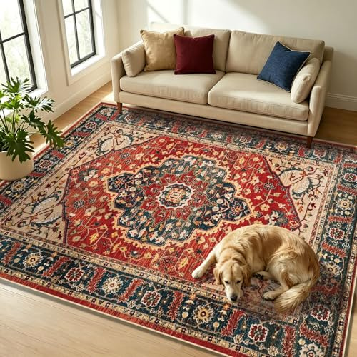WUTONG Tapis de Salon Rouge Vintage 80x150 cm Lavable en Machine.Petit Tapis Persan Oriental Antidérapant pour Descente de Lit.Couloir et Entrée.Doux et Décoratif