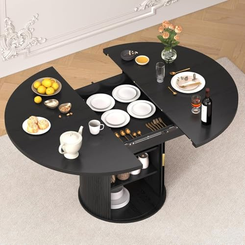 Extendable Round Dining Table: 47″–63″ Kitchen Table for 4 6 8 with Dust-Proof 2-Tier Storage Shelf Space Saving, Modern Farmhouse Expandable Wood Oval Circle Dinner Furniture with Pedestal Base
