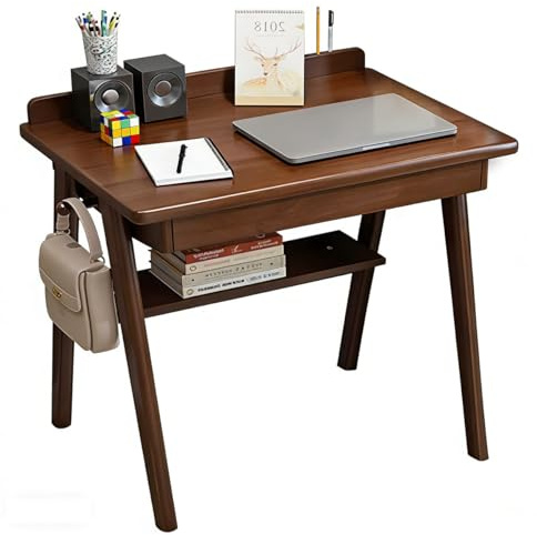 Scrivania in legno massello con 2 cassetti, scrivania classica per computer per casa e ufficio, tavolo da toeletta, postazione di lavoro semplice per camera da letto e studio, facile da montare (noce