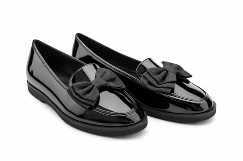 kraftd Slip-On Flat Shoes for Women & Girls | Bow Front Patent Loafer Shoes | Comfortable and Lightweight Loafers for - School, Office, Everyday wear | Casual Flats for Ladies (Black,6)