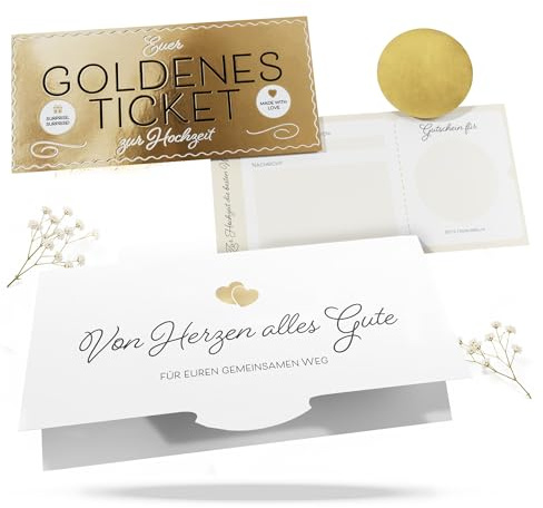 Hochzeitskarte Glückwunschkarte Hochzeit - Goldenes Ticket mit Rubbellos | Mit Schuber - Karte zur Hochzeit DIN lang - Hochzeitsbillet mit edlem Goldlack, Hochzeitsgeschenke für Brautpaar