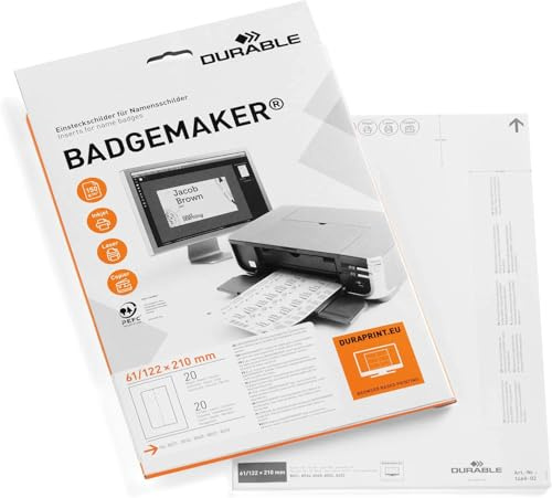 Durable 146002 etikettark Badgemaker till bordsskyltar 61/122 x 210 mm, 20 etiketter på A4-ark
