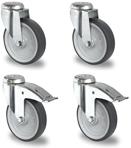 Satz Apparaterolle Lenkrolle mit ohne Bremse 125 mm ohne Feststeller Gummi grau-spurlos Rückenloch Möbelrolle Transportrolle