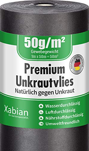 Xabian Anti Unkrautvlies 50g/m² Gartenvlies Rolle 50m x 1m = 50m² | Unkrautfolie sehr hohe UV-Stabilisierung - reißfest und wasserdurchlässig