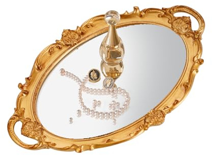 XPXKJ Parfymbricka oval vintage dekorativ spegelbricka, byrå organiseringsbricka, 25 cm x 37 cm serveringsbricka – brickspegel (guld)
