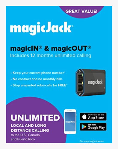 magicJack Adaptador de teléfono VOIP: llamadas ilimitadas a Estados Unidos y Canadá, sin factura mensual, teléfono portátil por Internet con aplicación, servicio magicIN™ y magicOUT™
