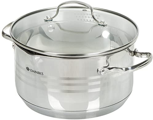 Daniks Tokio Pentola Acciaio Inox con Coperchio, 4.75 L Ø 22 cm, Pasta con Scolapasta Incorporato, per Induzione e Gas, Scala di Misura, Argento