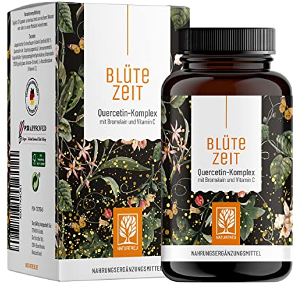 Quercetin Bromelain Komplex 120 Kapseln Vegan - 500mg Quercetin hochdosiert, 100mg Bromelain und 16mg Vitamin C pro Tagesdosis - Blütezeit von Naturtreu