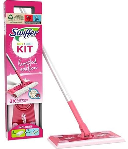 Swiffer Kit de Limpieza para Polvo seco, 1 trapeador Rosa + 8 paños Secos + 3 paños húmedos, Captura y atrapa el Polvo y el Cabello, Elimina la Suciedad y Las bacterias, para Todo Tipo