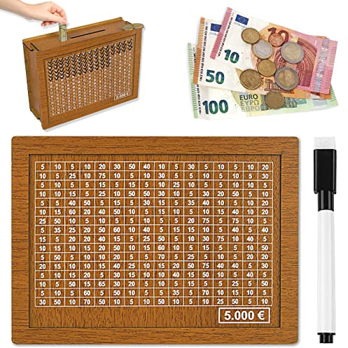 Retro Holz-Sparbüchse mit Aufbewahrungsbox, Kinder-Sparziel und Marker - Wiederverwendbare Spardose mit Sparziel und Zahlen zum ankreuzen (5000€)
