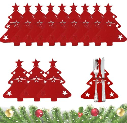12 Stück Weihnachtsbaum Besteckhalter Weihnachtsbaum Geschirr Taschen Weihnachten Bestecktasche Weihnachten Esstisch Dekoration Gabeln Löffel Besteckbeutel Tischdeko Für Weihnachten Deko (Rot)