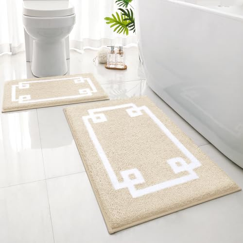 HOMEIDEAS Bathroom Rugs Sets 2 Piece, Soft and Water Absorbent Microfiber Carpet, Non-Slip Washable Bath Mats (20x32+16x24, Beige and White)