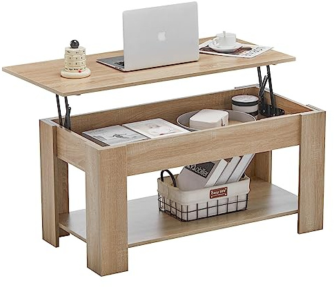 CLIPOP - Mesa de café ajustable en altura con placa de madera, mesa de salón con espacio de almacenamiento abierto y oculto, mesa auxiliar extraíble para sofá, 100 x 50 x (43-55) cm (color madera)