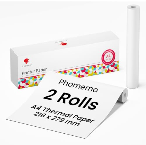 Phomemo Rouleau de papier thermique A4 Compatible Avec M832/M831/M833/M834/M835, 2 Rouleaux Blancs 210mm*6.5m