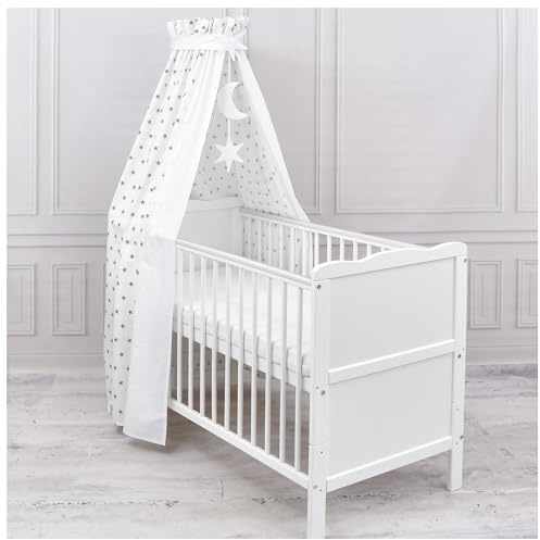 Generisch Baby Delux Babybett Himmel Betthimmel Baumwolle Baldachin für Babybett Kinderbett Wiege Stubenwagen Himmelstange Sterne Mond Applikationen Deko (Weiß, ohne Himmelstange)