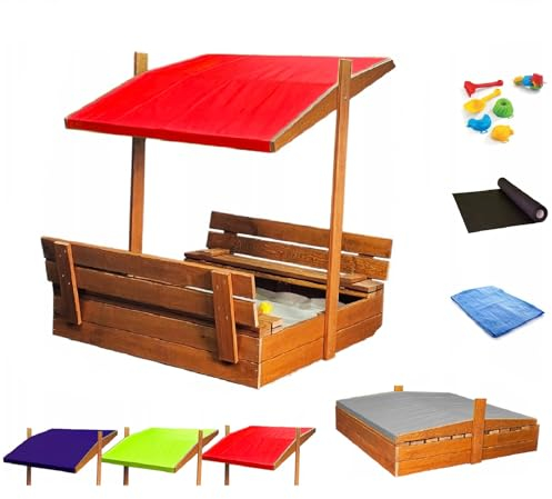 Sandkasten aus Holz mit Sitzbank Dach Abdeckung Imprägniert Sandbox (Rot)