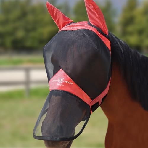 Harrison Howard Pro Luminous Horse Full Face Fly Mask Large Eye Space Long Nose with Ears UV Protection for Horse Coral Orange L