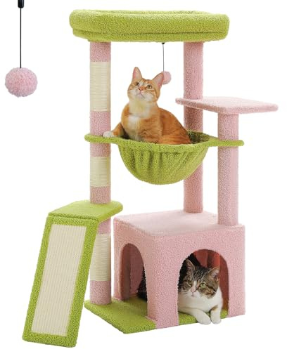 PAWZ Road Kaktus-Katzenbaum für Hauskatzen mit super großer Höhle, 1 Sisalbrett, 3 Kratzstämme, mit großer Hängematte und Sitzstange, 90 cm, Rosa