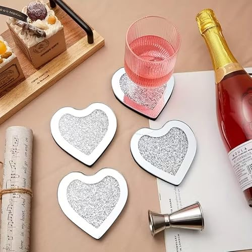 Crushed Diamond Crystal Glass Mirrored Heart Love Coasters Set of 4 Glittering Bling Silver TRENDZY ® Drink Wine Coasters for Home Kitchen Bar & Restaurant Home Decor Birthday Wedding (Heart)