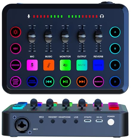 Audio Interface, Gaming Mischpulte Mit Sprachwechsler, Digital Streaming Mixer, Professionelle Live-Soundkarte, DJ Mischer, Externes Sound Board für Podcast Gaming (Schwarz)