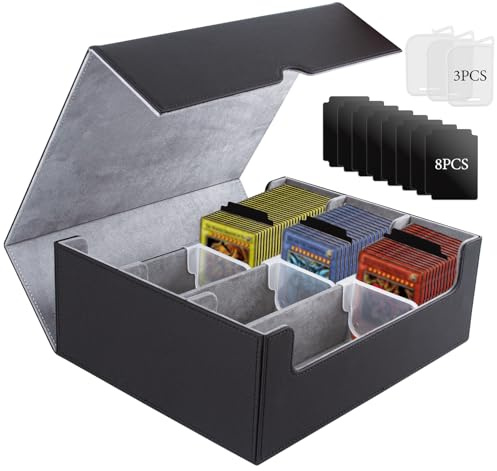 ECOSEAO Boîte à Cartes Pour MTG, Boîte de Rangement Cartes Magnétique, Magnetic Deck Box en Cuir pour Plus de 1800 Cartes, Boîte de Rangement pour Carte à Collectionner pour TCG Carte(Noir-gris)