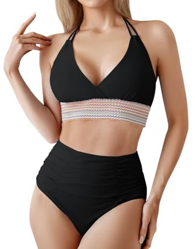 Sillictor Women's Halter Neck High Waisted Bikini Set Two Piece Swimsuit Surfing Sexy V Neck Tummy Control Swimwear Push Up Padded Swimming Bathing Suit 2506 Black L