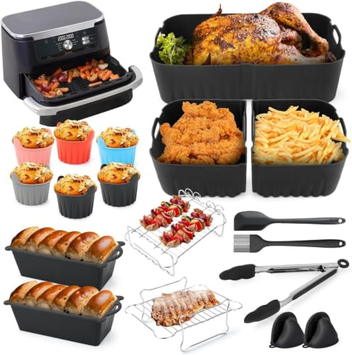 Airfryer tillbehör för Ninja AF500EU 10,4 l silikonform varmluftsfritös | Foodi Flexdrawer 1 × 10,4 l och 2 × 5,2 l för AF500 EUCP, AF500de, silikon bakform andra tillbehör ingår