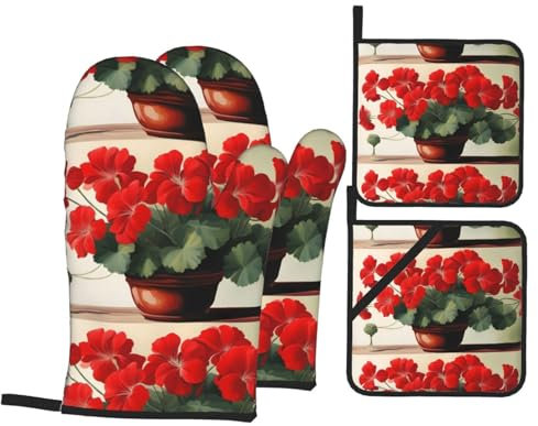 Mitaines De Cuisine Motif De Géraniums Rouges Professionnel Baking Gloves Anti Chaleur Maniques Cuisine pour Cuisson Grillade Four,4 Pièces