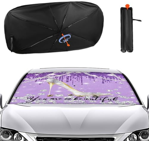 Parapluie Pare-Soleil Pliable argenté à Talons Hauts pour Voiture, Motif Diamant, Maquillage pour Femme, Moderne, Tendance, Violet, imprimé Gouttes, Garde Le véhicule au Frais - 28 l x 52 l