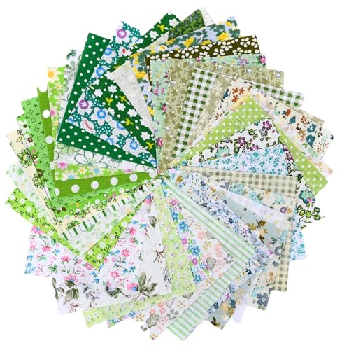 50 stycken handgjorda bomullstyg, fyrkantiga, bundna, i fat quarters, buntade | sömnadstyg | rutigt tyg | sömnad gör-det-själv blommig prickig tyg (grön, 10 x 10 cm)