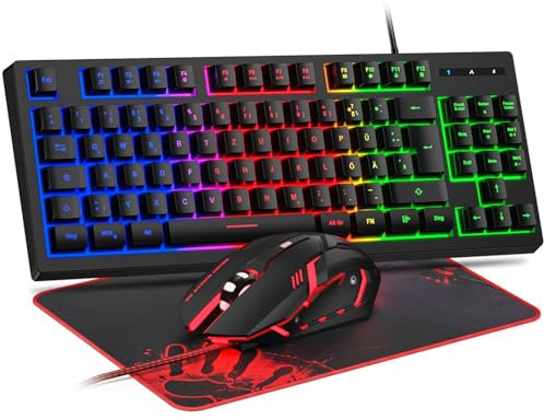 Rewurnth Gaming Tastatur und Maus Set, QWERTZ DE Layout, 75% TKL, RGB Hintergrundbeleuchtete Kabelgebundene Tastatur, Ergonomische 4 Farbige LED Gaming Maus, Großes Mauspad, USB Plug & Play für PC