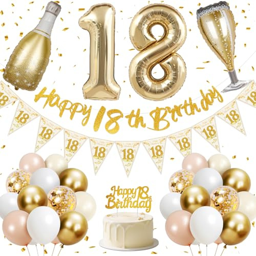 Deko 18. Geburtstag Mädchen, Happy 18th Birthday Banner, 40 Zoll 18 Folienballons, Champagner Flasche und Glas Folienballons, Gold, Rosa, Weiß und Konfetti Luftballons, Kuchentopper