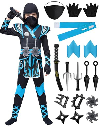 Spooktacular Creations Blå ninjakostuum barn, ninja outfit set pojkar, halloweendräkt för småbarn, tema utklädnad (L, 10–12 år)
