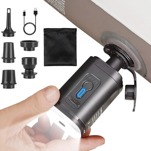 MUCHER Pompa ad aria elettrica portatile con lampada da campeggio a LED, 2400 mAh, 3 in 1, piccola pompa ad aria portatile, con 5 ugelli e USB-C per materasso ad aria, anello di nuoto, sacchetto