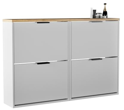 Planetmöbel 2 x Schuhschrank schmal mit 2 Klappen platzsparender Schuhregal mit 4 Ablagen, Schuhkommode für Diele, Flur, Garderobe 60 x 23 x 80,5 cm, weiß grau
