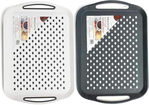 PRADICHI 2-Pack Non-Slip Serving Trays with Rubber Grip Surface and Easy-Grip Handles – Rectangular Plastic Food & Drink Tray – 40.5 x 28.5 cm (Grey & White)