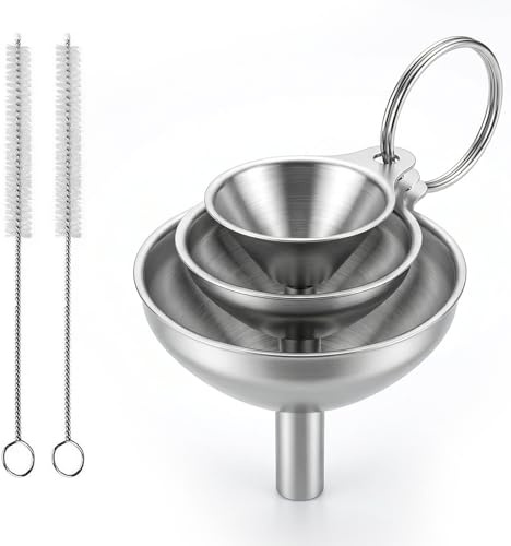 3 Embudos de Acero Inoxidable, Embudos Pequeños de Cocina con Asa | Mini Embudos de Cocina con 2 Cepillos de Limpieza, Embudos de Acero Inoxidable para Líquidos y Polvos