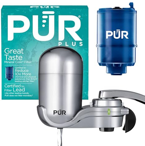 PUR Plus Vertical Faucet Mount Water Filtration System, Lead-Reducing Filter, Great-Tasting, Easy Install, Lasts 100 Gallons, Faucet Water Filter, Compatible with Sinks with External Aerators, Chrome