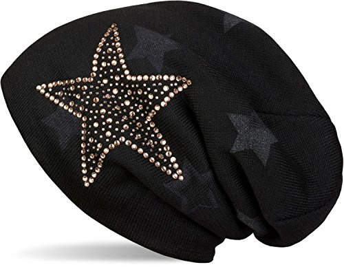 styleBREAKER Unisex Beanie Strass Stern Fleece Futter 60cm | Thermo Inlay. elastisches Material. Bundweite 26cm. Höhe 27cm. Einheitsgröße. winterfest. weiche Haptik.