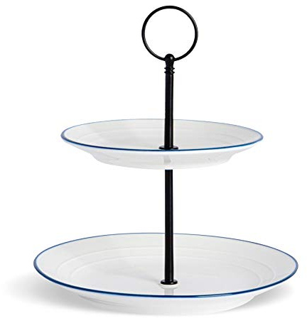 Nicola Spring Farmhouse 2-Tier Cake Stand - White Porcelain Rustic Country Cottage Afternoon Tea Stand with Rolled Rims & Hoop Handle