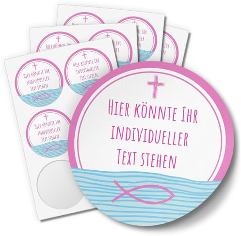 24 PERSONALISIERTE runde Etiketten SELBER GESTALTEN mit Ihrem Text: Rosa Fisch Kreuz - Personalisierte Aufkleber für Taufe, Konfirmation, Kommunion, Ostern, Weihnachten