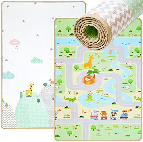 Mamabrum Baby Krabbel Matte Baby Teppich Spielmatte, 120 x 180 x 0.5 cm, ungiftig Bodenmatte Verdickte vergrößerte Schaumstoffmatte Faltbare Wasserdicht rutschfest Tragbar, Wald und Stadt