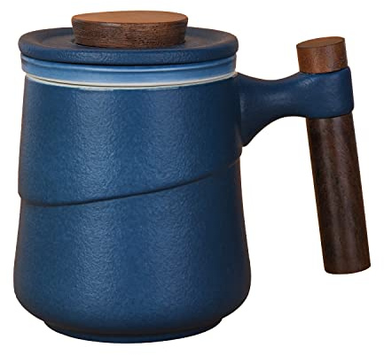 NCQIXIAO temugg med lock, 320 ml/12 oz retro glaserad keramisk tekopp med infusioner, trähandtag för att brygga löst lövte (blå)