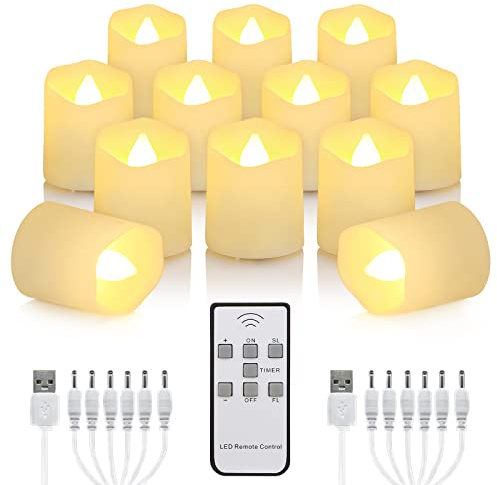 12 PCS Rechargeable Candles Flameless Tea Lights with Remote, USB LED Tealights with Timer Flickering Fake Candle, Votive Tea Light for Halloween, Holiday, Christmas, Party, Home Decorations