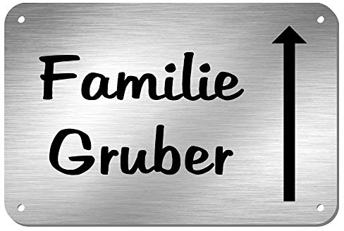 Edelstahl Türschild Namensschild Hinweisschild mit Pfeil und individueller Laser-Gravur * Modell Gruber (150 mm x 100 mm)