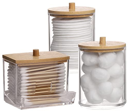 Tbestmax Qtips Holder Bathroom Container, 10/7 OZ Cotton Ball/Swabs Dispenser, Apothecary Jar Organizer for Storage Wood Lids