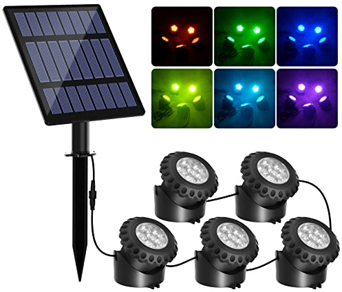 T-SUN Luci Solari per Laghetti 5 in 1 RGB Luce Solari Per Laghetti Faretto Solare per Esterni RGB Lampada Solare Sommersa Con 2 Modalità, IP68 Impermeabile, Per Giardino, Albero, Patio, Stagno