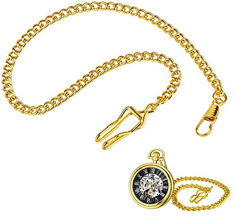 BASTOUR Taschenuhrkette, Taschenuhr, Westenkette, Panzerkette, Cowboykette mit Haken, Karabinerverschluss, Kettenglieder, für Männer und Frauen, Gold, Farbe: Gold, Retro